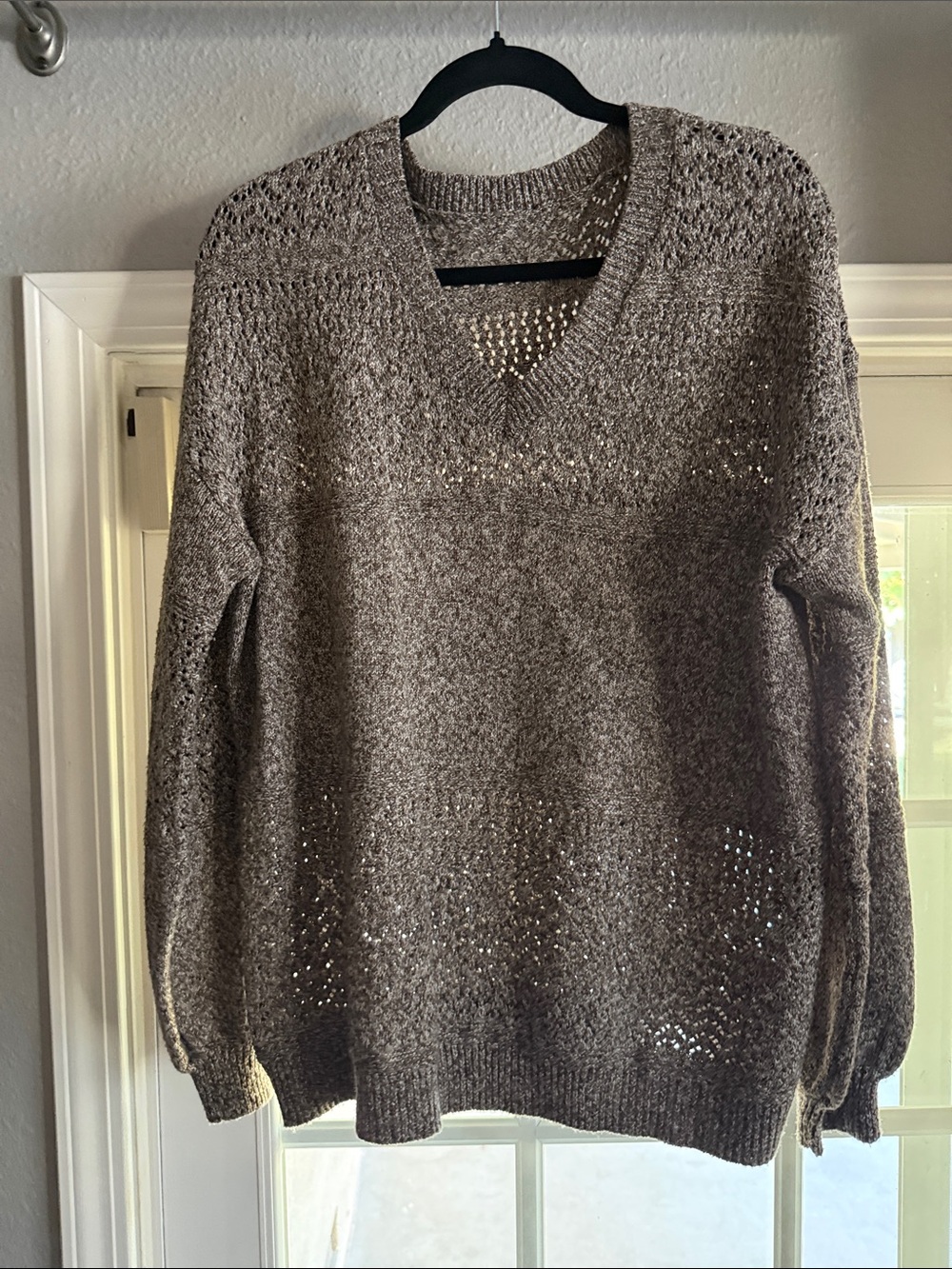 V-Neck Open Knit Sweater in Taupe
